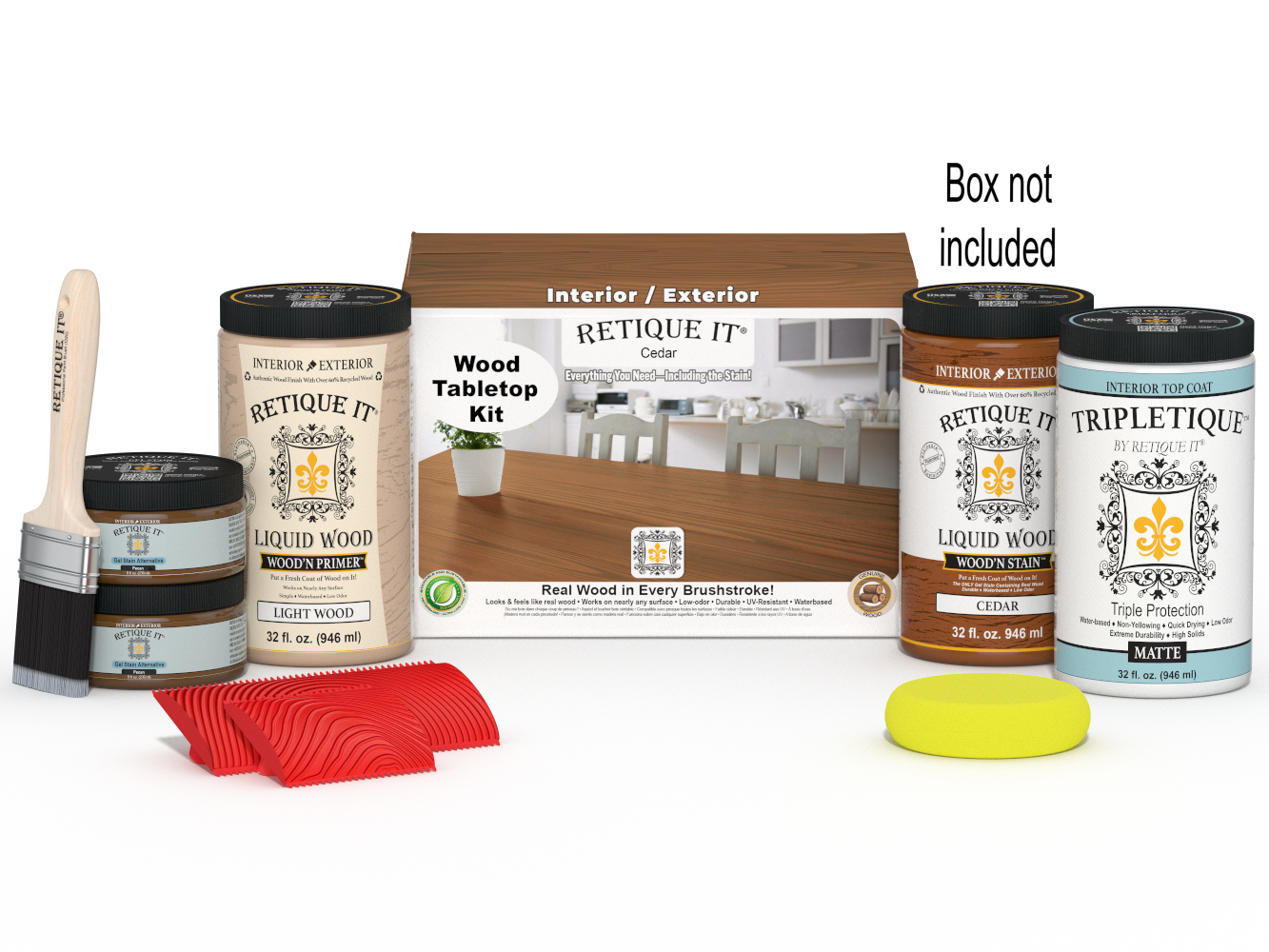 Retique It® Wood'n Finish Kit Cedar stain set with four large bottles for tabletop woodworking projects.