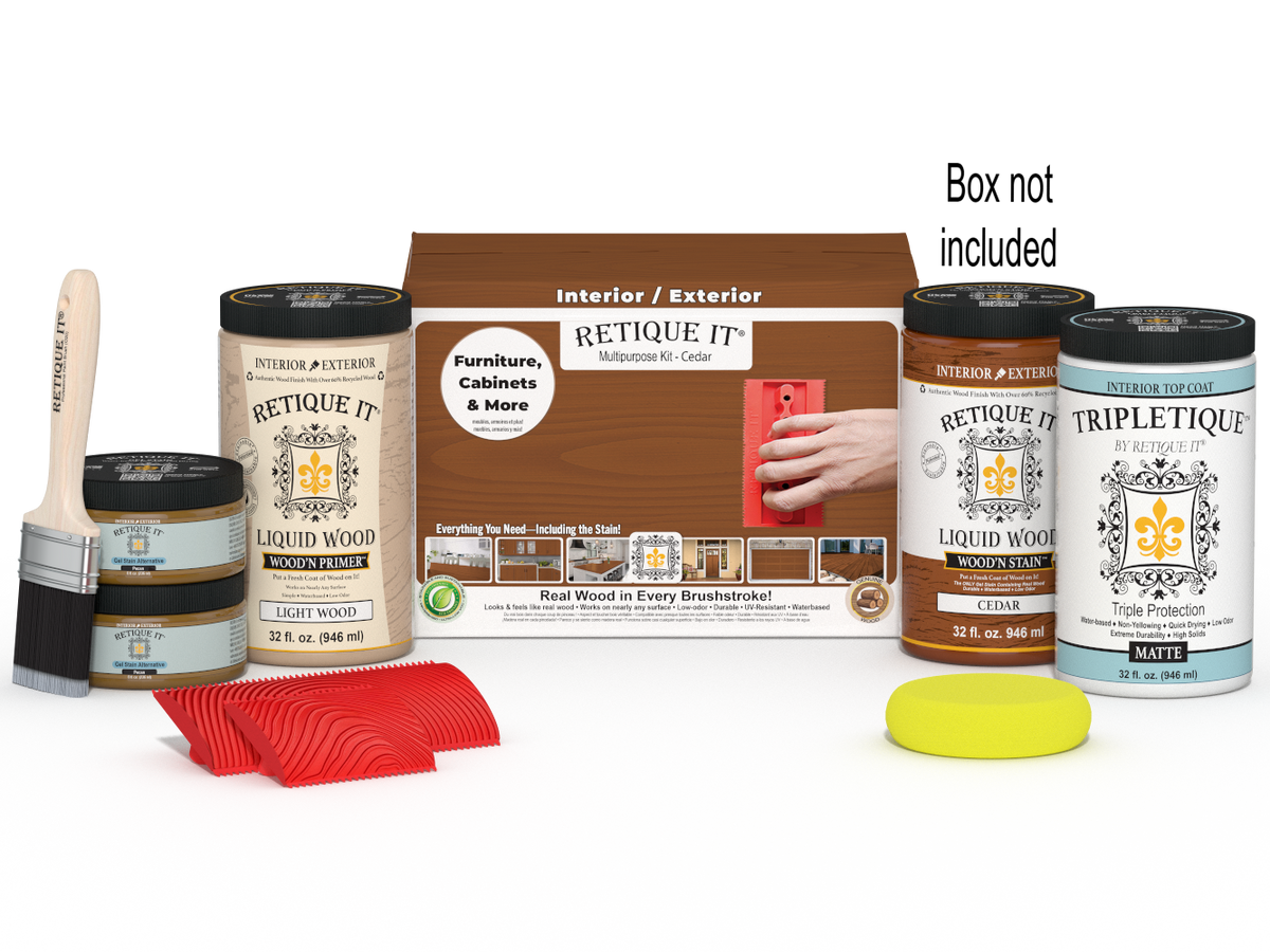 Large Cedar Wood'n Finish Kit by Retique It® for interior top coating, includes application tools and wood stain products.