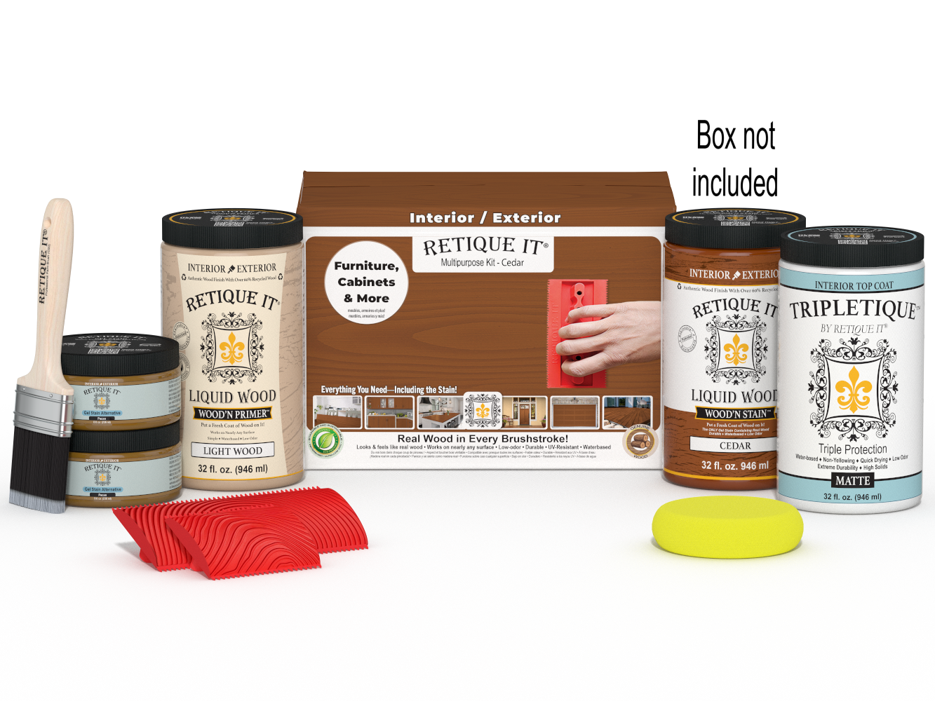 Large Cedar Wood'n Finish Kit by Retique It® for interior top coat application, includes brushes and finishing supplies.