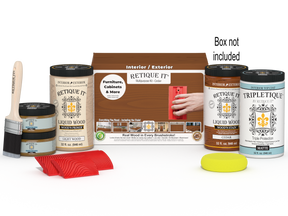 Large Cedar Wood'n Finish Kit by Retique It® for interior top coat application, includes brushes and finishing supplies.