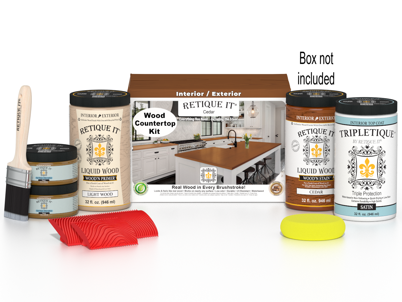 Retique It® Cedar countertop kit with stains, full kitchen setup, showing wood surface, stain bottles, and application tools.