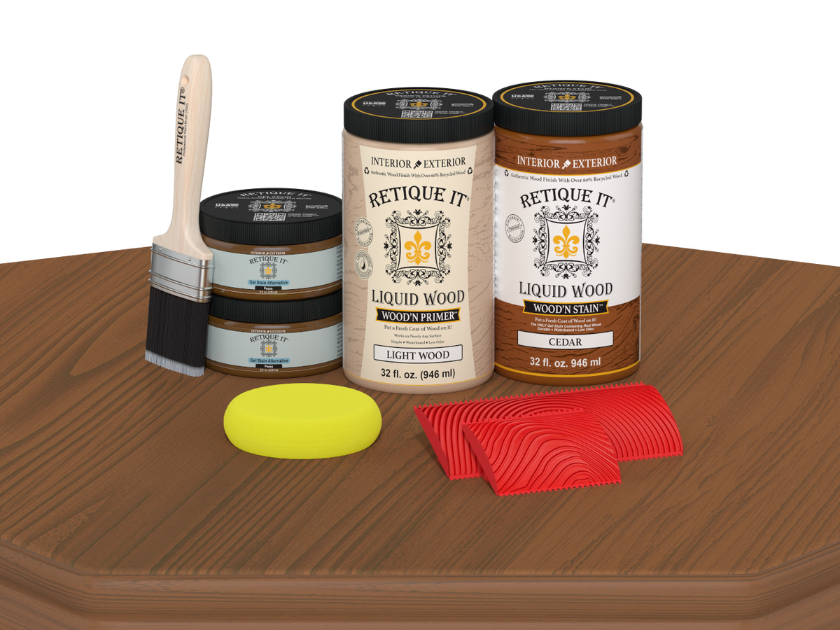 Retique It® Wood'n Cabinet Kit in cedar stain with 12 grained cabinet doors displayed on a table.