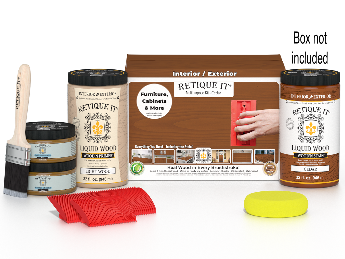 Large Cedar Wood'n Finish Kit by Retique It® with wood finishing tools and products in a box for multi-purpose wood projects.
