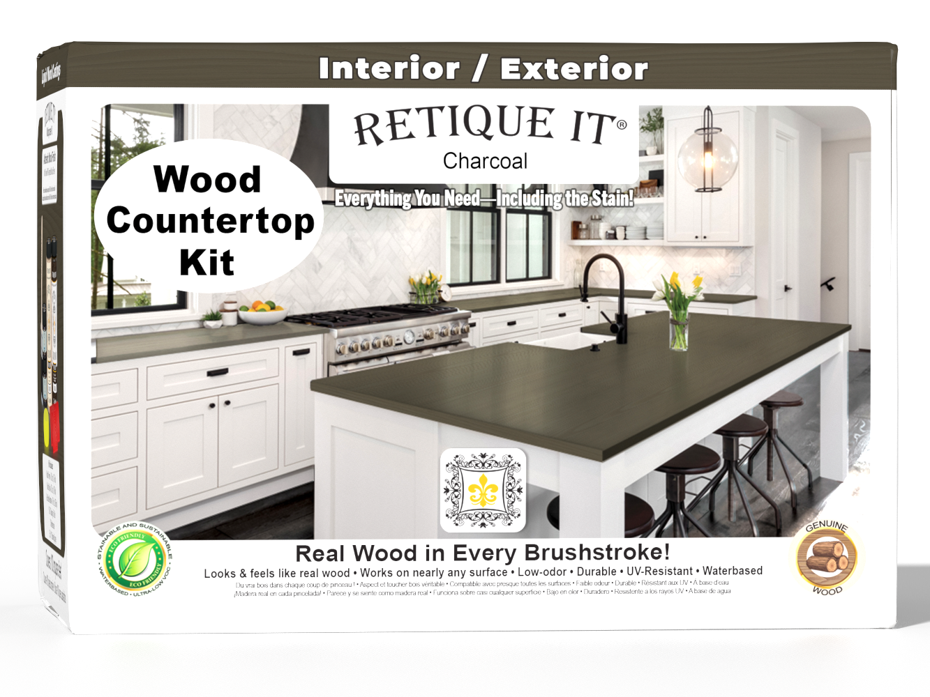 Retique It® charcoal countertop kit featuring stains for full kitchen installation, shown in a 3D box view.