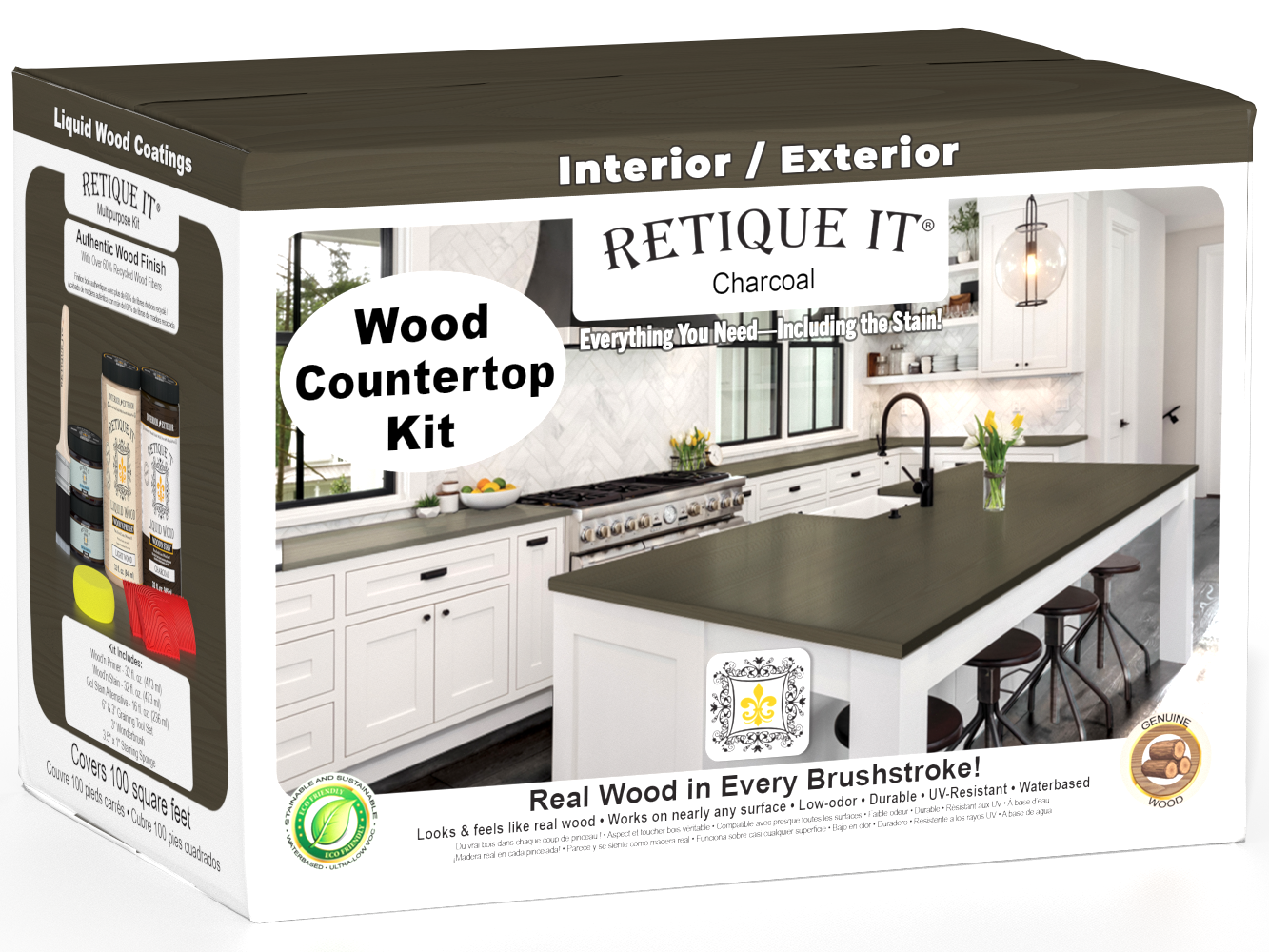 Retique It® charcoal countertop kit with stain application on a full kitchen countertop, showcasing a stylish, modern finish.