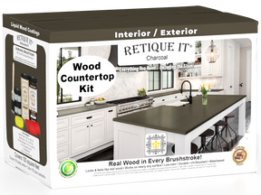Retique It® charcoal countertop kit with stain application on a full kitchen countertop, showcasing a stylish, modern finish.