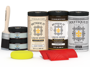 Large Charcoal Wood'n Finish Kit by Retique It® with matte exterior top coat and multi-purpose wood finishing tools.