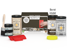 Large Charcoal Wood'n Finish Kit by Retique It® with exterior top coat, includes wood finish bottles and application tools.