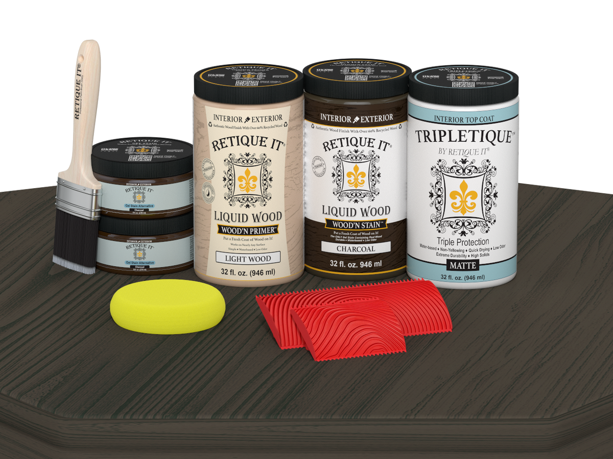 Retique It® charcoal countertop kit with stain and matte finish on a kitchen surface, designed for full kitchen countertop renovation.