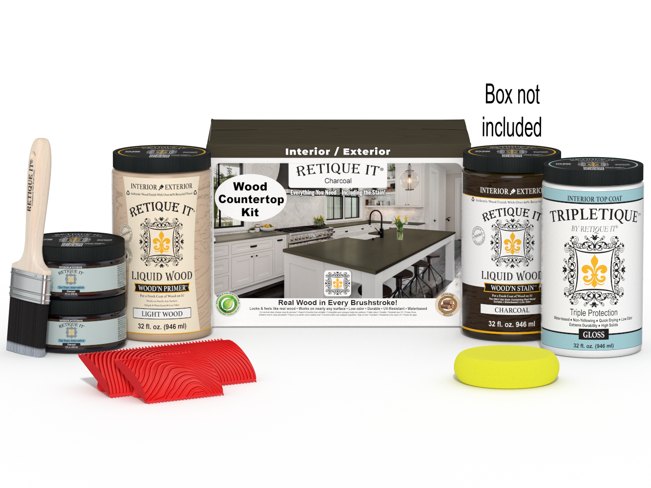 Retique It® charcoal countertop kit with stains, complete full kitchen setup, shown with box and application tools.