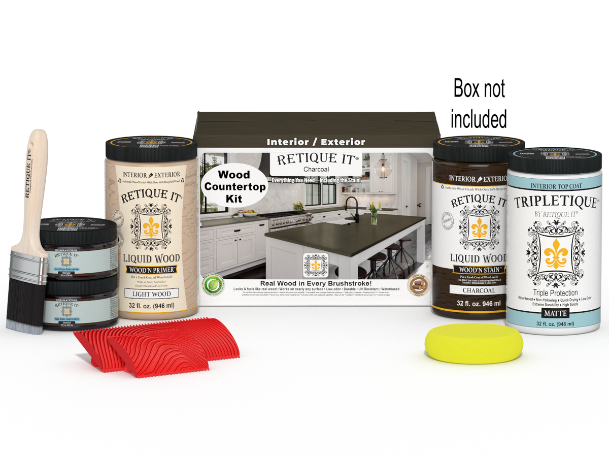 Retique It® charcoal countertop kit for full kitchen renovation, featuring stain products and application tools in the box.