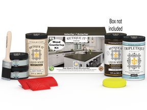 Retique It® charcoal countertop kit for full kitchen renovation, featuring stain products and application tools in the box.