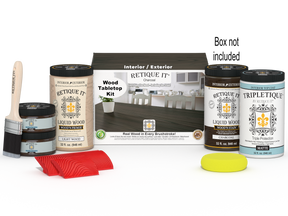Retique It® Wood'n Finish Kit for tabletops, charcoal stain, includes four large containers, shown with applicator and box.