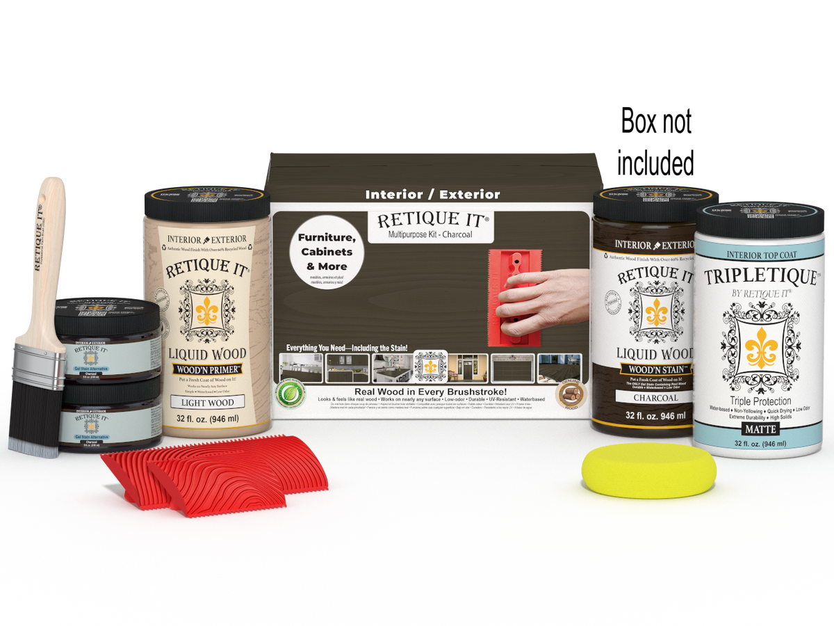 Large Charcoal Wood'n Finish Kit by Retique It® for interior top coat, includes brushes and application tools in a box.