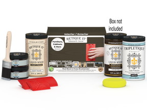 Large Charcoal Wood'n Finish Kit by Retique It® for interior top coating, includes wood finishing tools and supplies in a box.