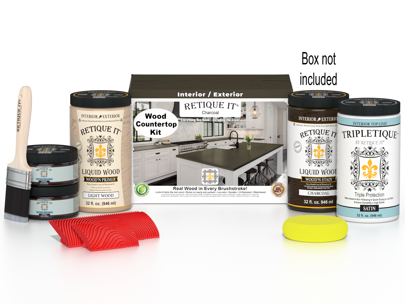 Retique It® charcoal countertop kit with stains, includes tools and materials for full kitchen countertop restoration.