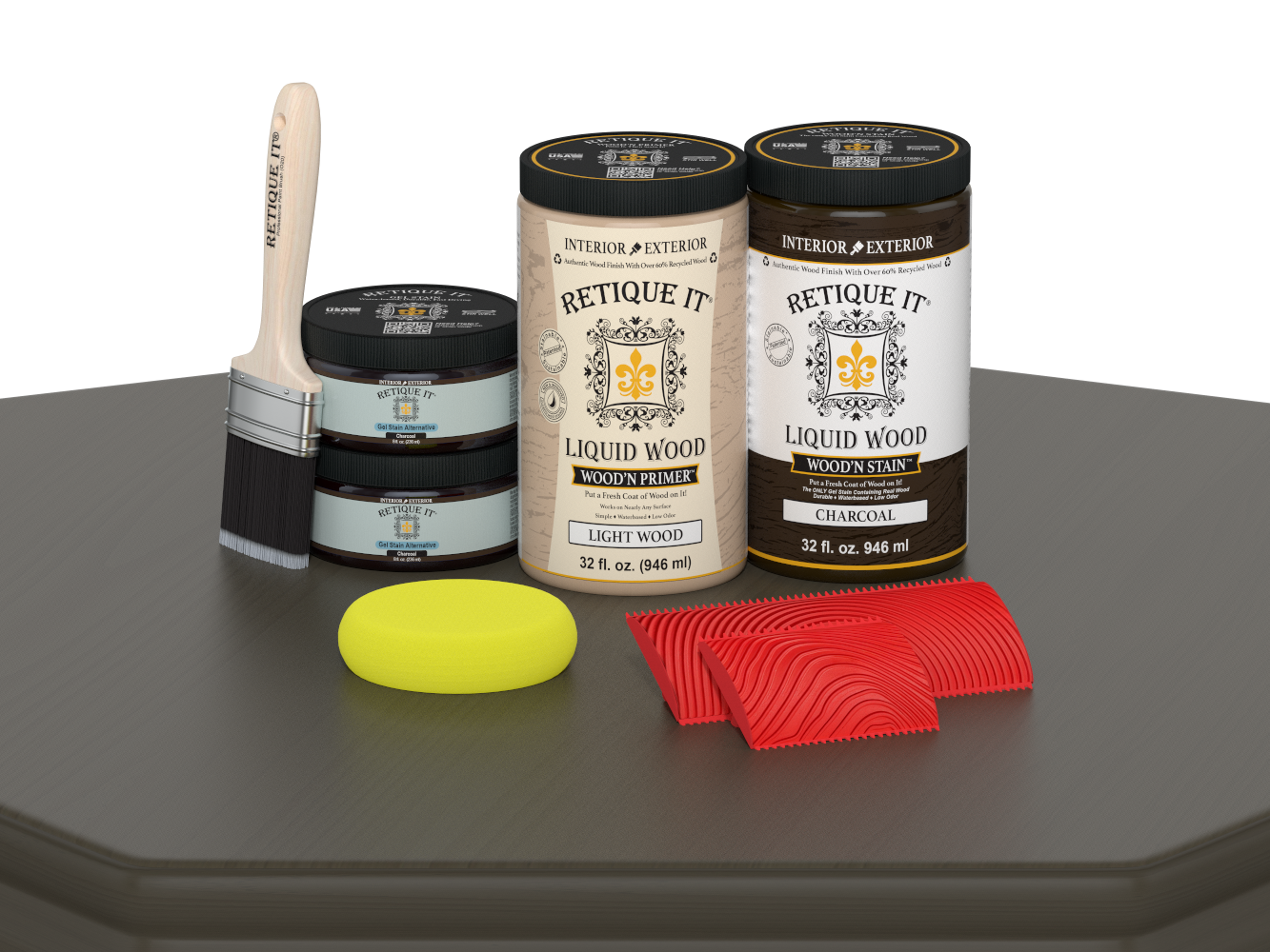 Large Charcoal Wood'n Finish Kit by Retique It® for multi-purpose wood finishing, includes brushes and tools on a table.