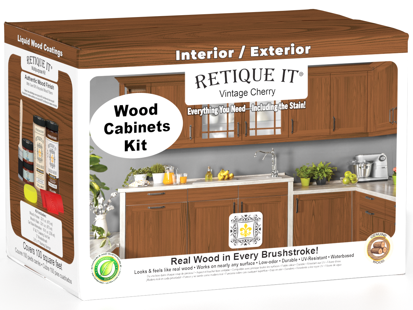 Retique It® Wood'n Cabinet Kit with vintage cherry stain, featuring 12 grained cabinet doors for a stylish kitchen upgrade.