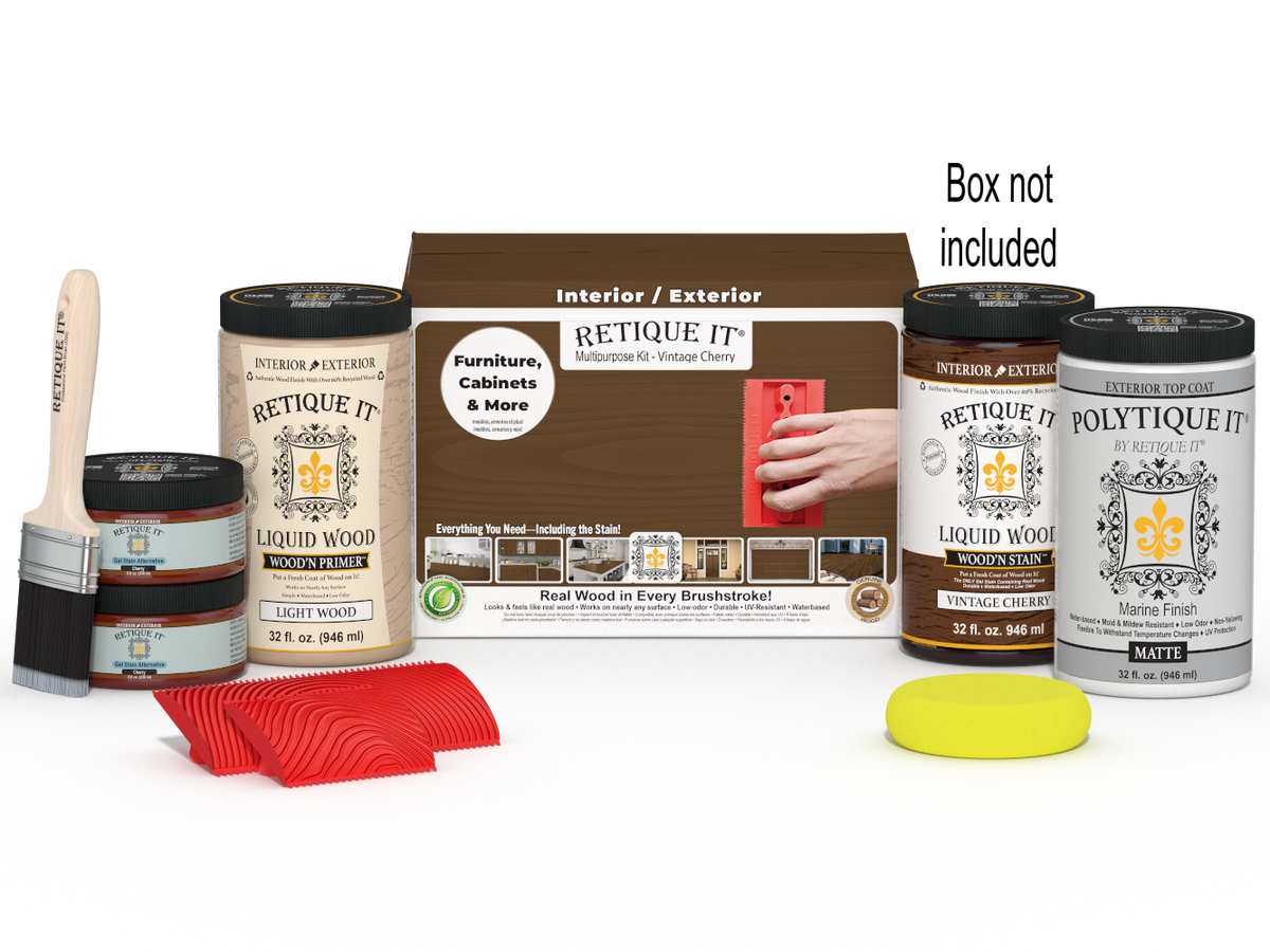 Large Vintage Cherry Wood'n Finish Kit by Retique It® with exterior top coat and applicator in a box.