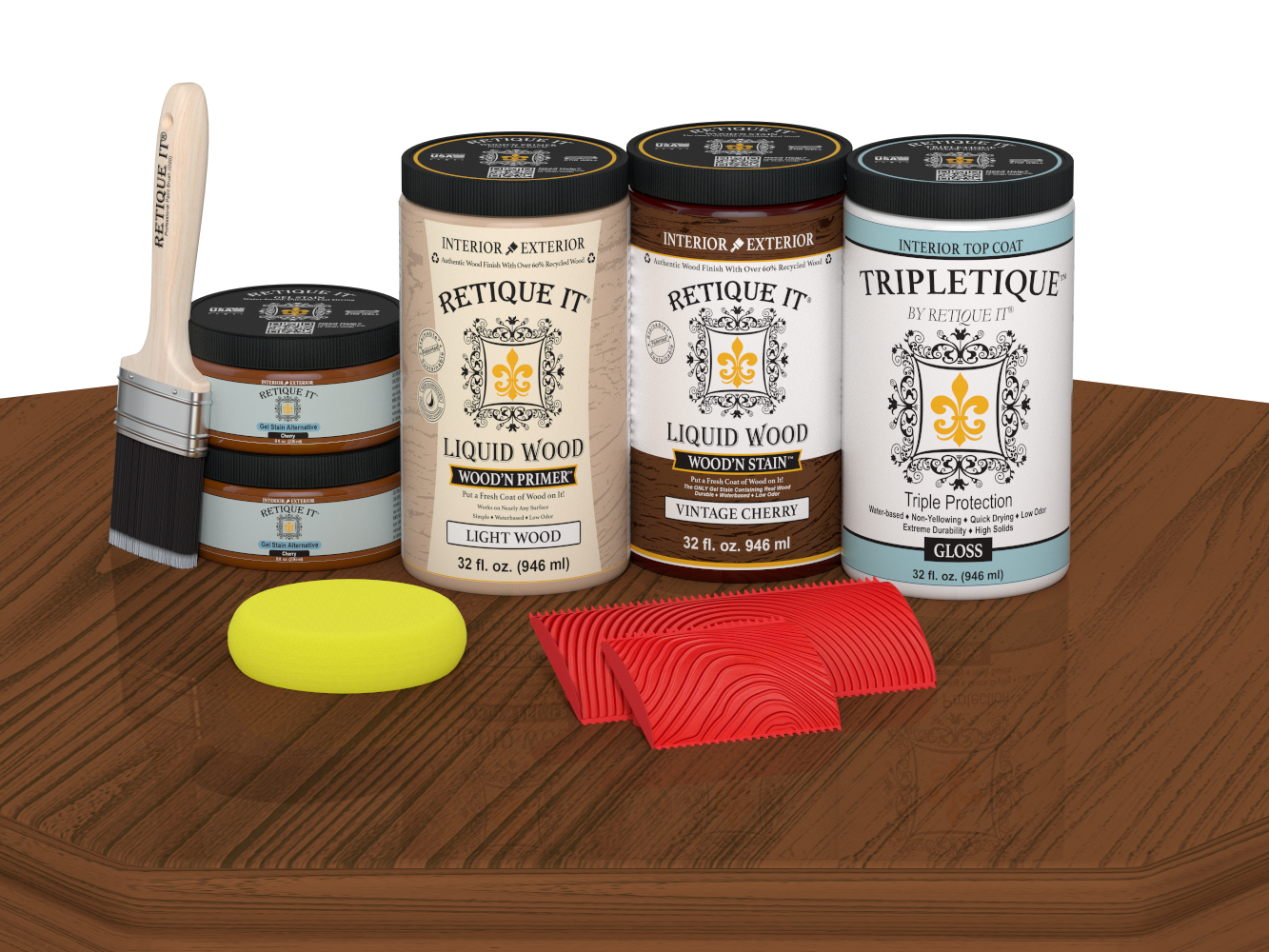 Retique It® Wood'n Cabinet Kit with vintage cherry stain, gloss finish, featuring 12 grained cabinet doors and stain application on table.