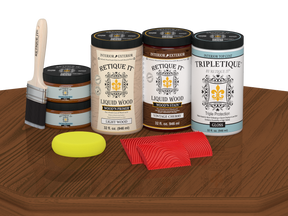 Retique It® Wood'n Cabinet Kit with vintage cherry stain, gloss finish, featuring 12 grained cabinet doors and stain application on table.
