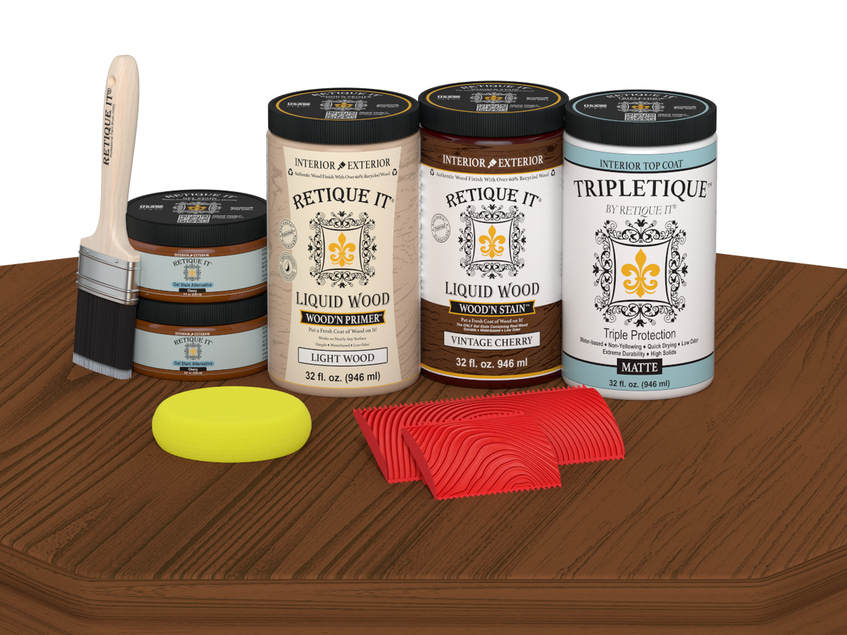 Retique It® Vintage Cherry countertop kit with matte stain applied on a kitchen surface, showcasing a classic cherry wood finish.