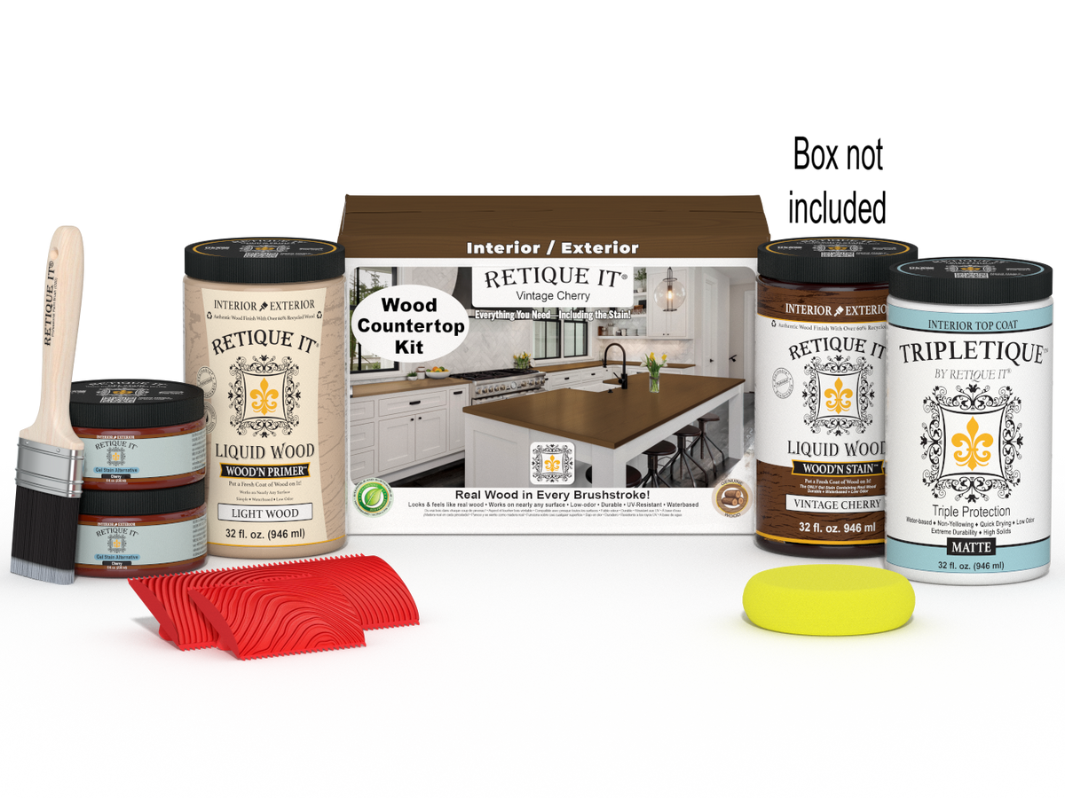 Retique It® vintage cherry countertop kit with stains, includes full kitchen countertop sample and box, showcasing wood grain and finish.