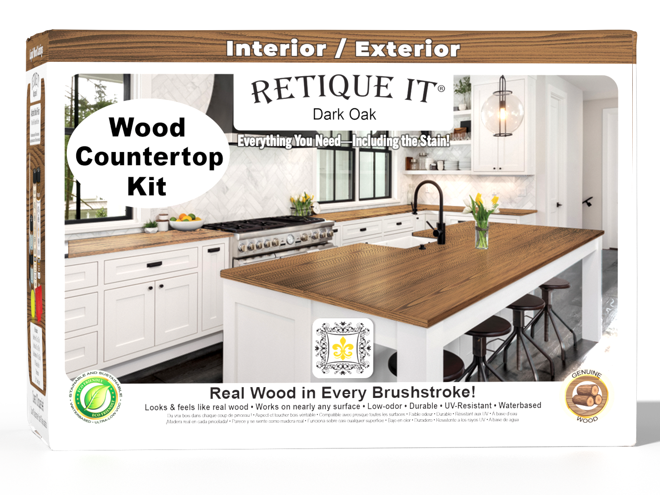 Retique It® dark oak countertop kit with stain samples and application tools for full kitchen renovation.