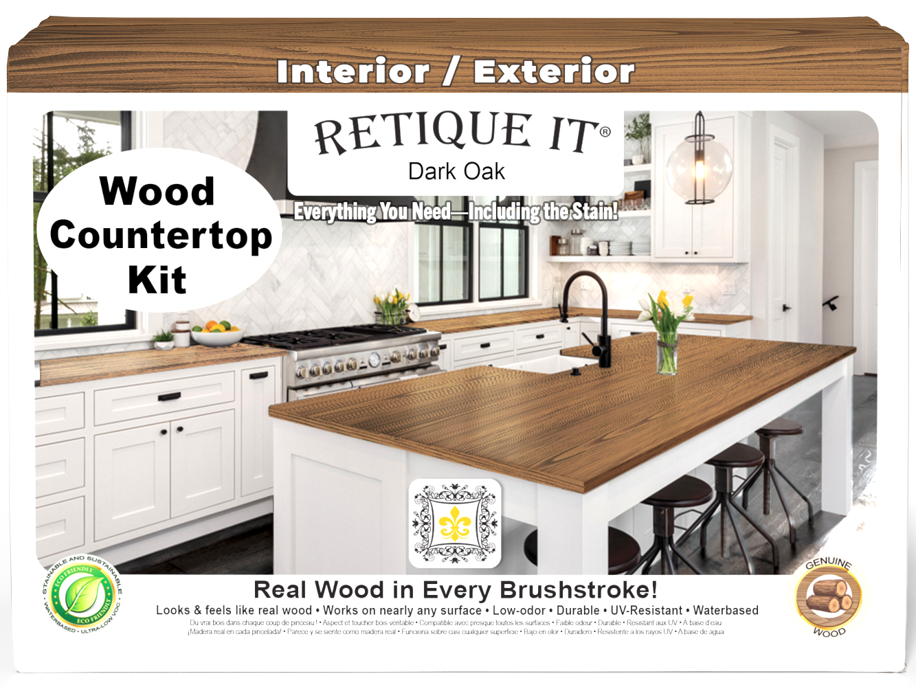 Retique It® dark oak countertop kit for full kitchen renovation, featuring natural wood grain and stain finish.