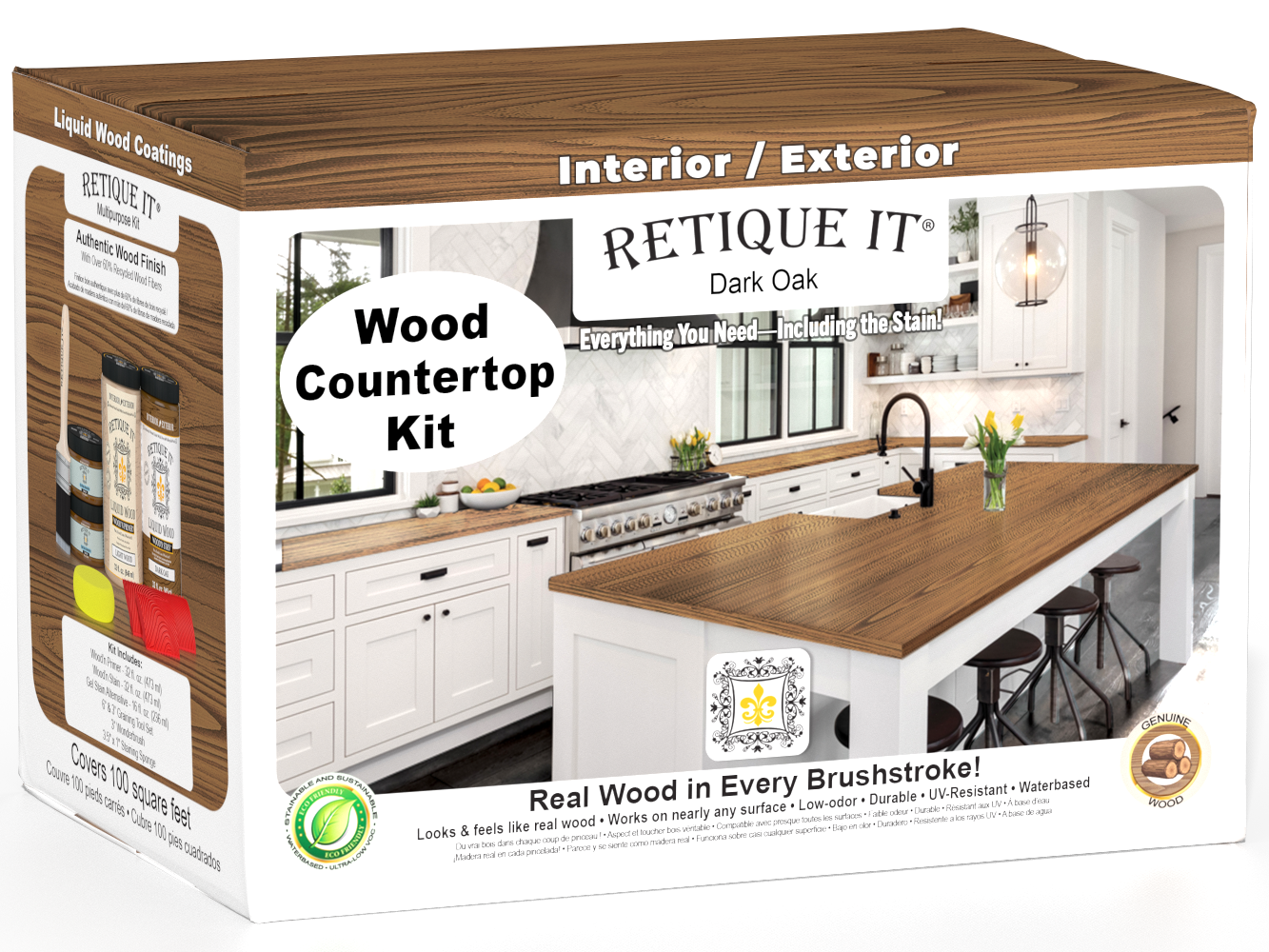 Retique It® dark oak countertop kit for full kitchen renovation, featuring stain application on a durable surface.