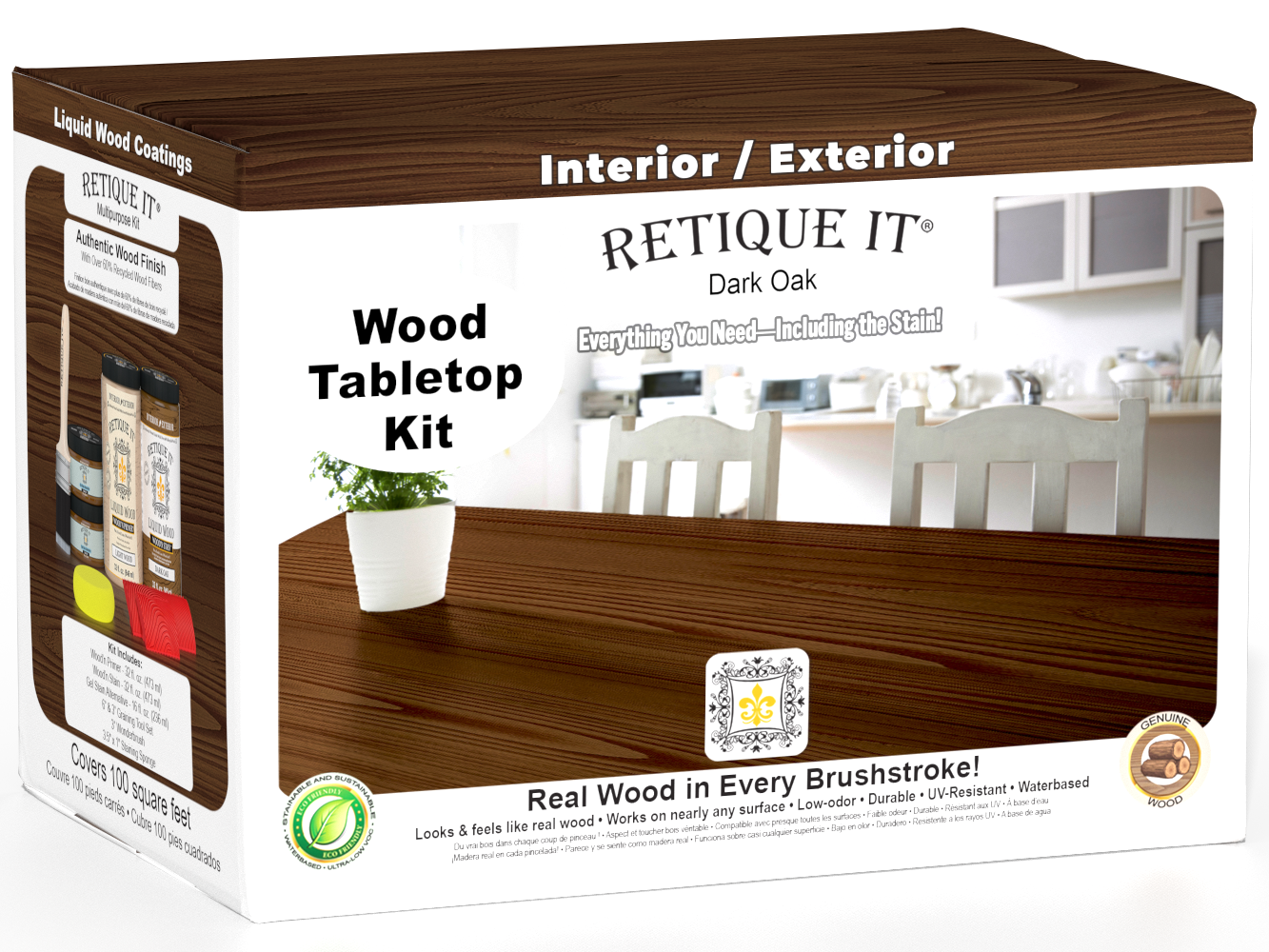 Retique It® Wood'n Finish Kit in Dark Oak with four large stain bottles for tabletop wood finishing projects.