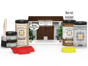 Retique It® Wood'n Finish Double Front Door Kit in Dark Oak stain with natural wood grain and hardware details.