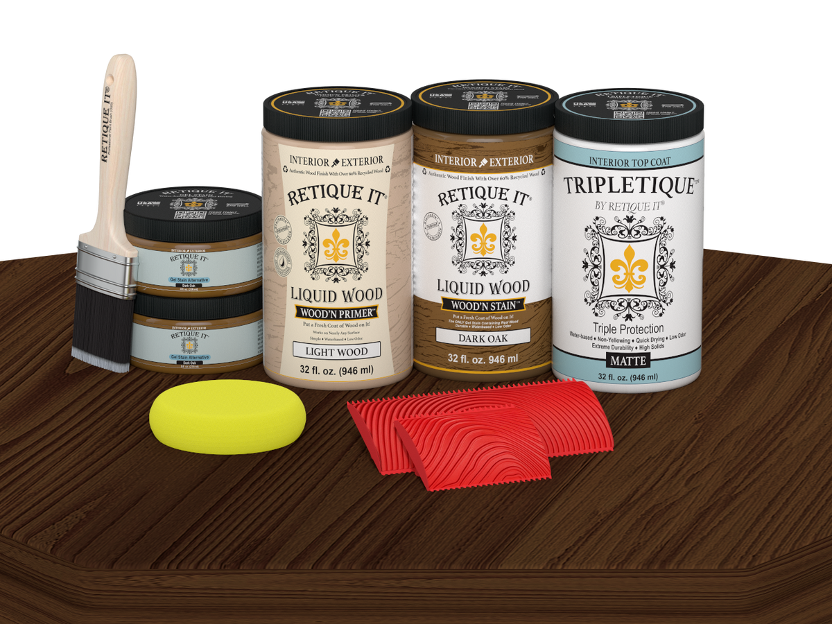 Retique It® Wood'n Finish Kit in Dark Oak stain with four large bottles, matte wood finish on a tabletop.