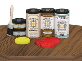 Large Dark Oak Wood'n Finish Kit by Retique It® for interior top coating, featuring wood grain and matte finish on a table.
