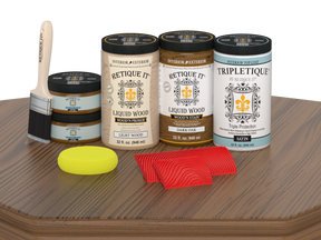 Retique It® Wood'n Finish Kit Large in Dark Oak with satin top coat, showing application on wood surface for interior furniture.