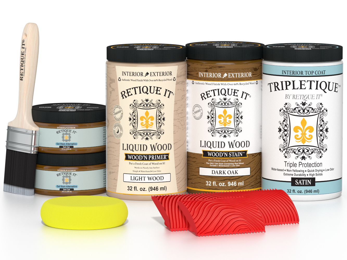 Large Dark Oak Wood'n Finish Kit by Retique It® for interior wood projects, includes top coat and satin finish.