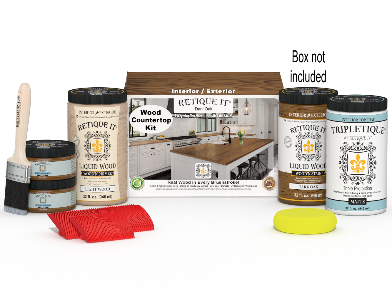 Dark oak countertop kit by Retique It® with stains for full kitchen remodeling, shown with the box and application tools.