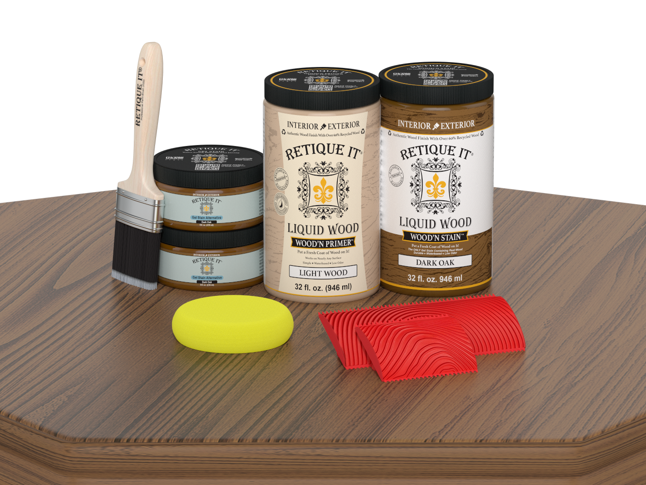 Large Dark Oak Wood'n Finish Kit by Retique It® for multi-purpose wood finishing, shown on a table surface.