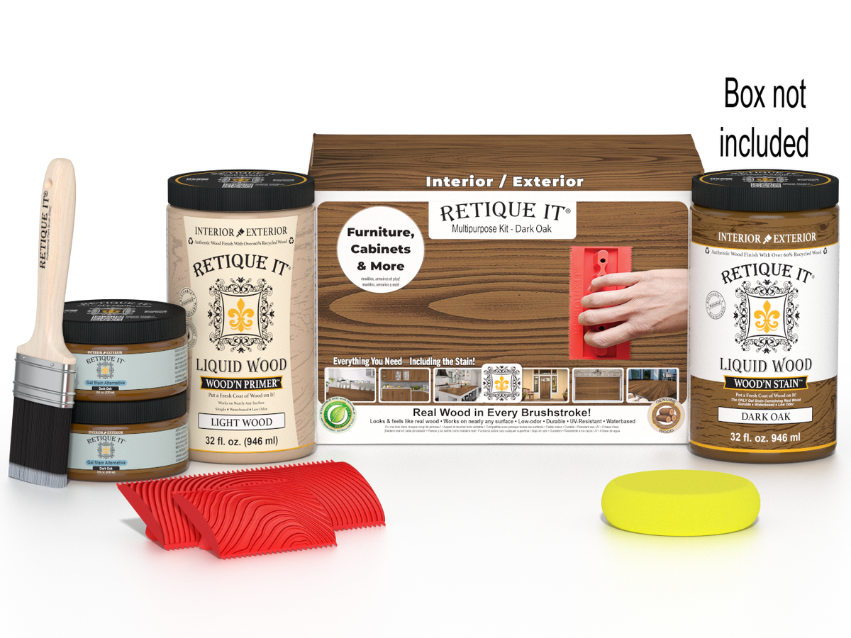 Large Dark Oak Wood'n Finish Kit by Retique It® with wood stain and application tools in a box.