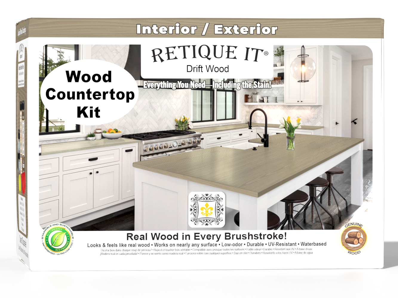 Retique It® Drift Wood countertop kit with stain, full kitchen setup, featuring natural wood grain and modern design.