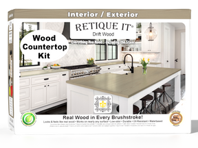 Retique It® Drift Wood countertop kit with stain, full kitchen setup, featuring natural wood grain and modern design.