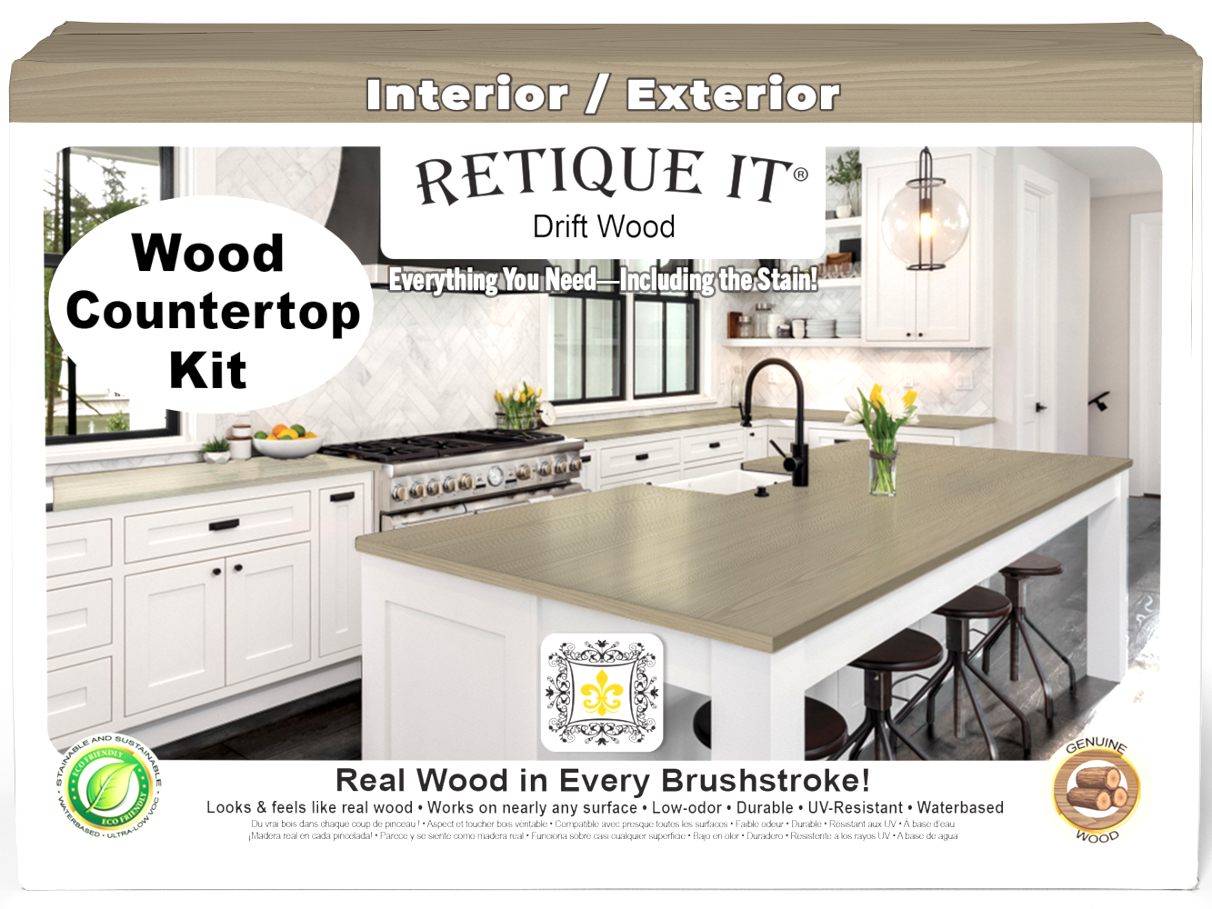 Retique It® Drift Wood countertop kit with natural wood stain, showing a finished kitchen countertop in a modern full kitchen setting.