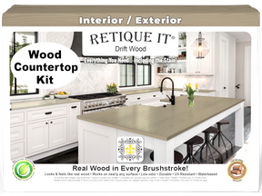 Retique It® Drift Wood countertop kit with natural wood stain, showing a finished kitchen countertop in a modern full kitchen setting.