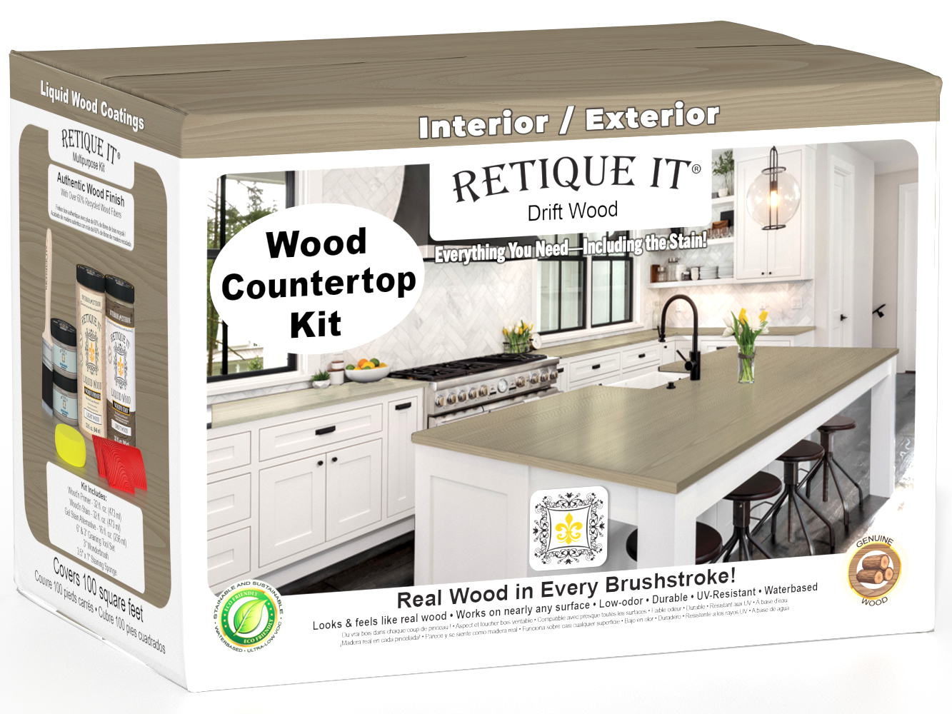 Retique It® Drift Wood countertop stain kit for full kitchen, featuring natural wood tone and application tools on a countertop.