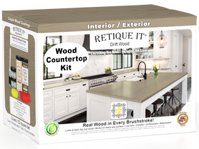 Retique It® Drift Wood countertop stain kit for full kitchen, featuring natural wood tone and application tools on a countertop.