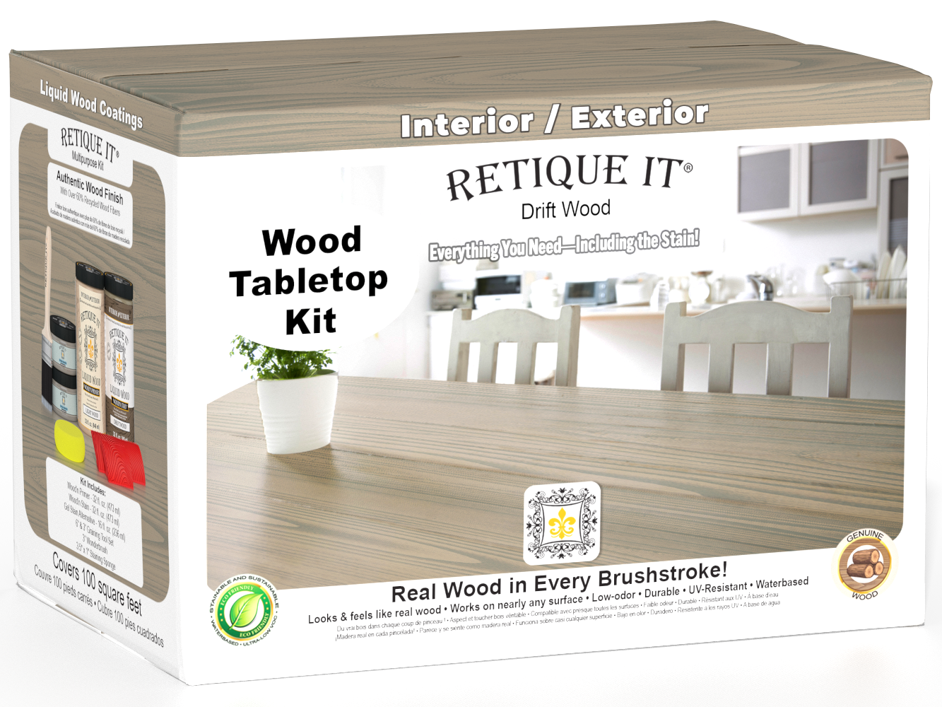 Retique It Wood'n Finish Kit with four large driftwood stain bottles, designed for tabletop wood finishing projects.