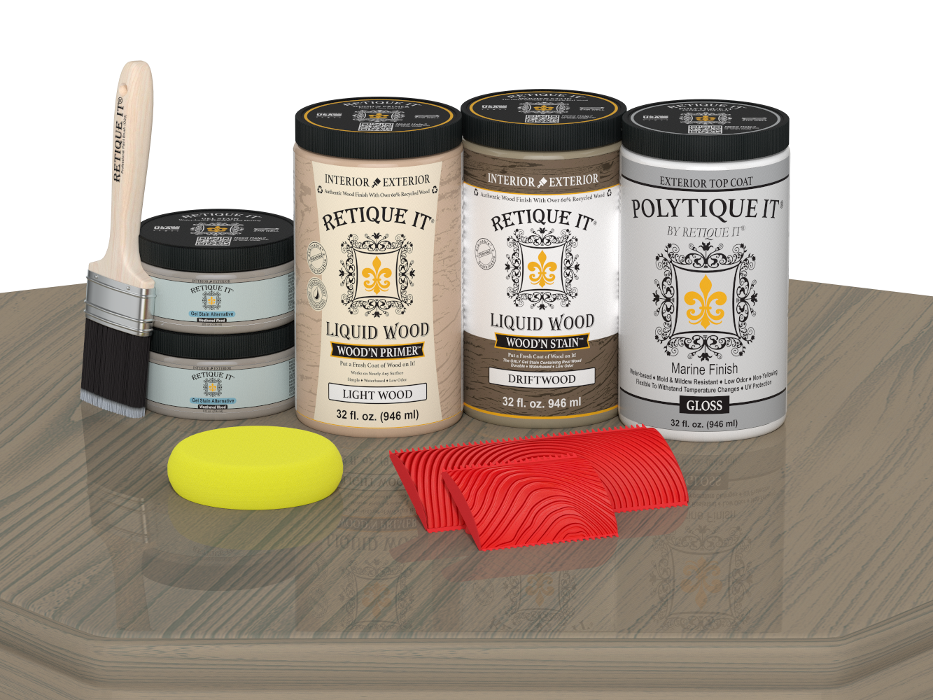 Glossy Drift Wood Wood'n Finish Double Front Door Kit by Retique It with stain and finishing components on a table.