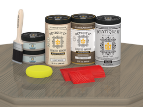 Glossy Drift Wood Wood'n Finish Double Front Door Kit by Retique It with stain and finishing components on a table.