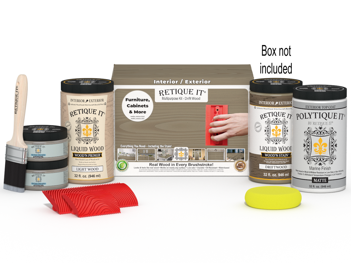 Large Drift Wood Multi-purpose Wood'n Finish Kit by Retique It® with exterior top coat and included application tools.
