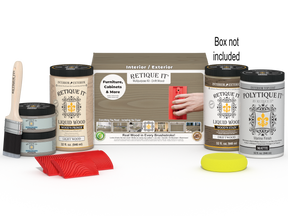 Large Wood'n Kit by Retique It® for exterior wood finishing, includes driftwood-colored top coat and application tools.